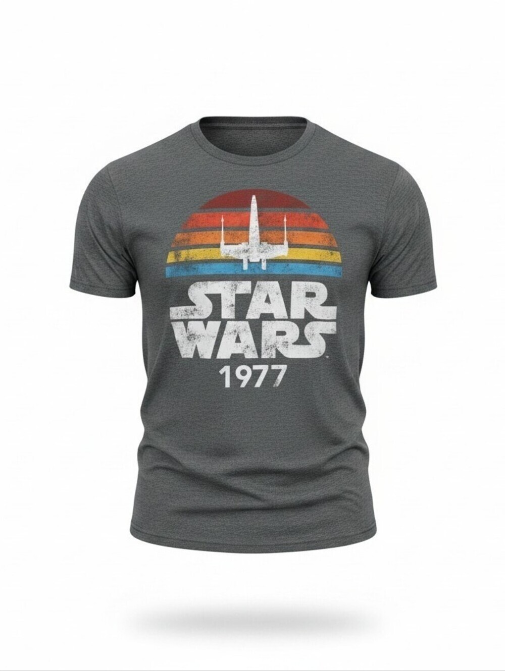 Star Wars Gray Men's Graphic Tee with Retro Sunset X‑Wing Graphic, Large, New